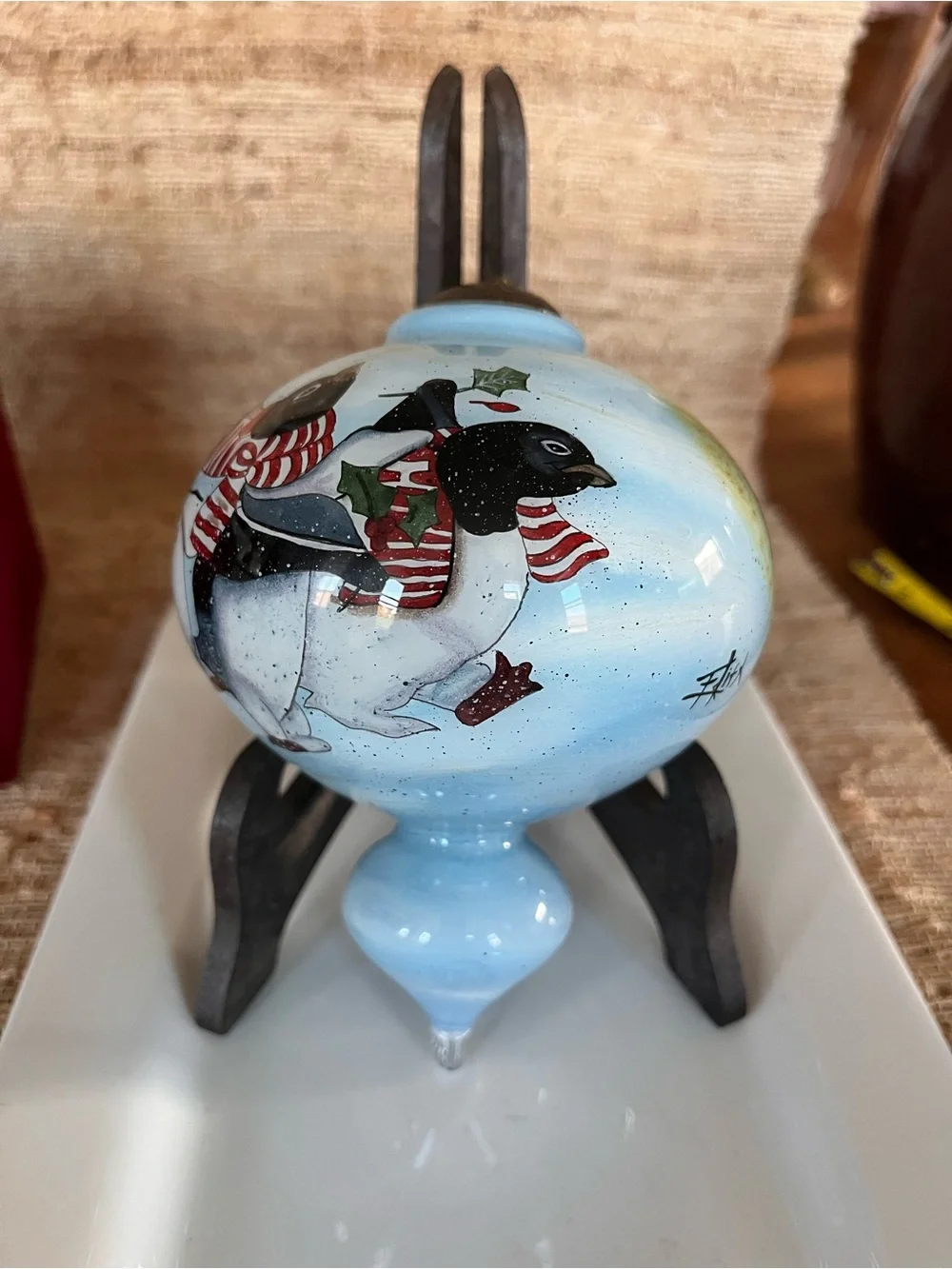 Ne'Qwa Art Blue Hand-Painted Glass Penguin Holiday Ornament